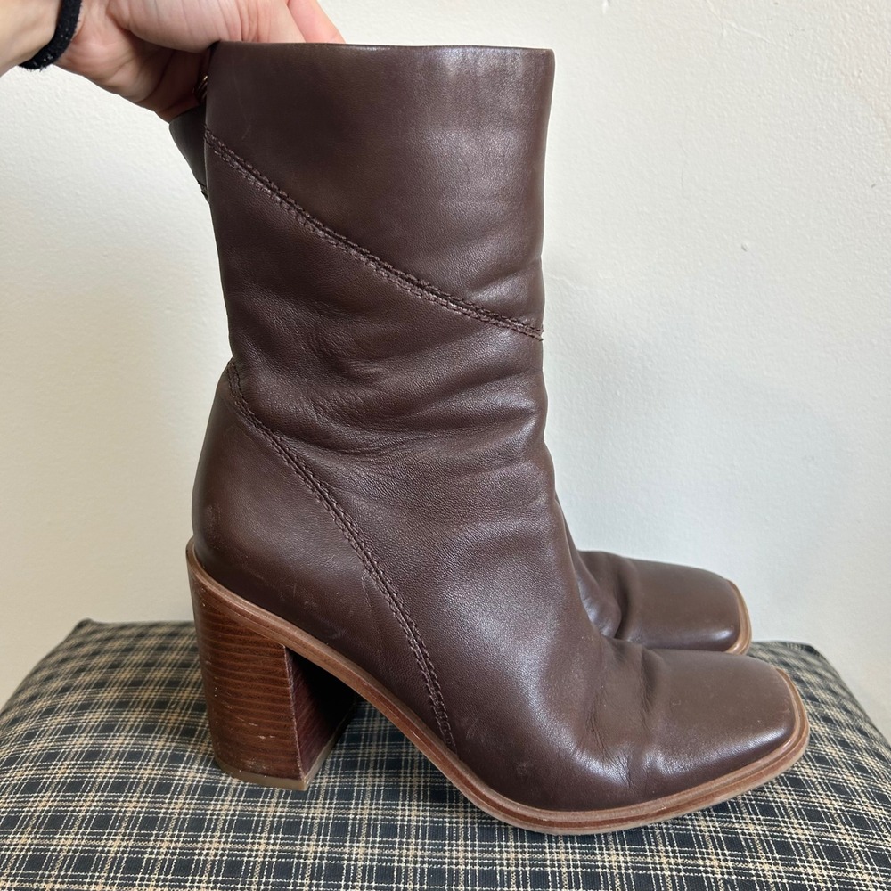 GUC Franco Sarto Leather‎ Ankle Boots Size 8.5 Brown Square Toe Block Heel - Picture 2 of 6